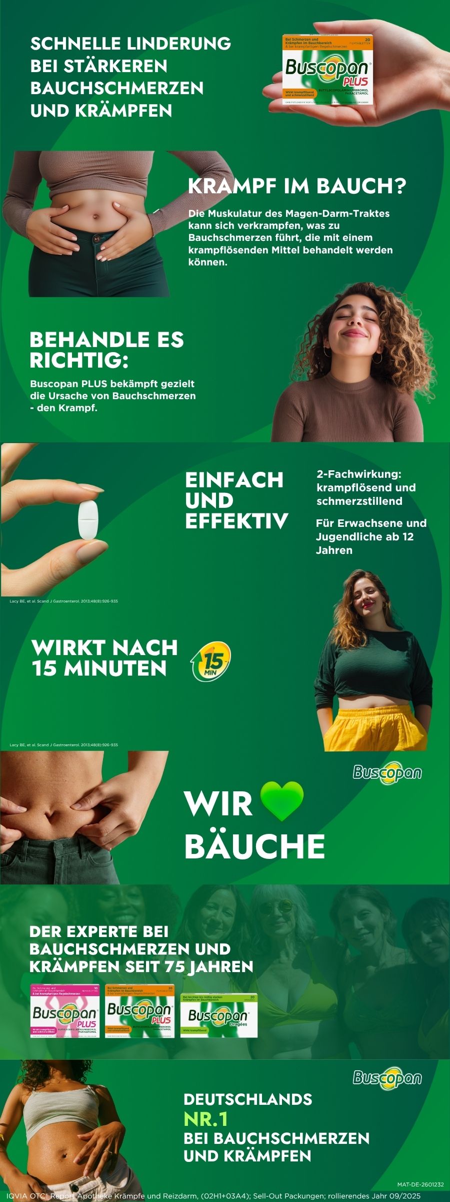 Collage. Buscopan Plus Packung, Frau mit Bauchschmerzen, Tablette, Frau rennt. Text: Wirkt nach 15 Minuten.